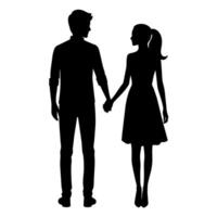 a young couple standing with holding hand each other, side by side silhouette vector