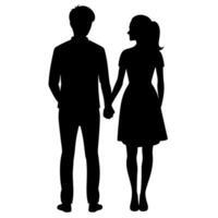 a young couple standing with holding hand each other, side by side silhouette vector