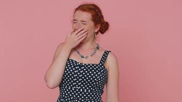 Tired sleepy redhead woman yawning, feeling somnolent lazy bored gaping suffering from lack of sleep video