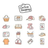 Set of online shopping elements in doodle style. vector