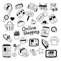 Set of online shopping elements in doodle style. vector