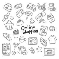 Set of online shopping elements in doodle style. vector