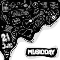 World music day design template background with doodle art music icons going into black smoke celebrated on june 21. Good template for music campaign. vector