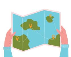 flat illustration of Folded Paper Map In human Hands. Starting point, route, destination. Visual concept in colorful modern style. Travelling concept vector