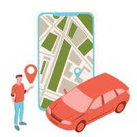 Online ordering taxi car, rent and sharing using service mobile application. Man and smartphone screen with route and points location on city map on car and urban landscape background vector