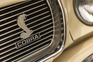 Vicenza Italy 19 March 2024 The iconic Cobra emblem adorns the grille of a Ford Mustang symbolizing power and performance photo