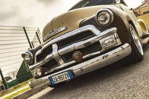 Vicenza Italy 19 March 2024 A rugged Chevrolet 3100 pickup in distinctive rat rod style oozing cool rebellion photo