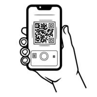 QR code scanning in smartphone screen outline icon for digital designs. vector