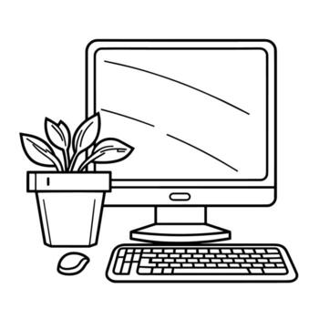 Modern outline icon of a computer setup, perfect for tech-related designs. vector