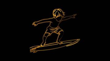 Neon frame effect, child surfing on a surfboard, glow, black background. video