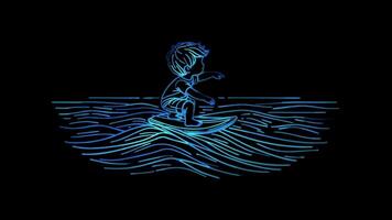 Neon frame effect, child surfing on a surfboard, glow, black background. video