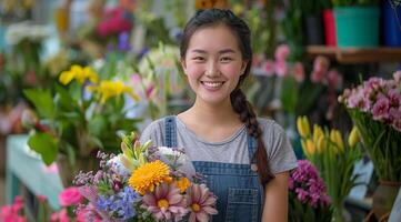Woman Holding Bouquet of Flowers in Flower Shop photo