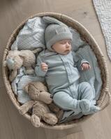 Baby Laying in Basket With Stuffed Animals photo