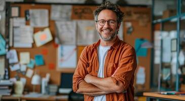 Man in Orange Shirt Standing With Arms Crossed photo