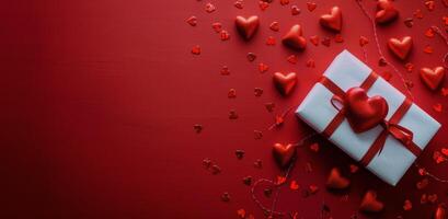 A festive Valentines Day background featuring heart-shaped decorations photo