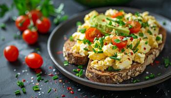 revuelto huevos en brindis con Tomates y cebollín foto