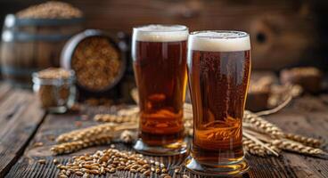 Two Glasses of Beer on a Wooden Table photo