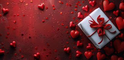 A festive Valentines Day background featuring heart-shaped decorations photo