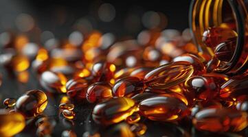 Bottle of Fish Oil With Orange Capsules on Black Background photo