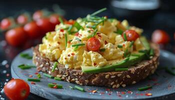 revuelto huevos en brindis con Tomates y cebollín foto