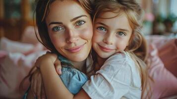 Woman Hugging Daughter on Pink Couch photo