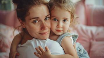 Woman Hugging Daughter on Pink Couch photo