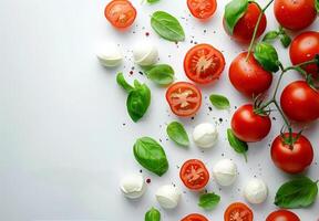 Fresh Tomatoes, Mozzarella, and Basil on White Background photo