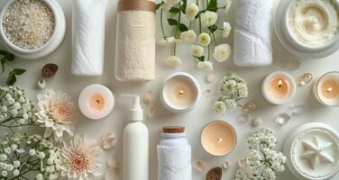 Group of White Bottles, Candles, and Flowers on White Background photo