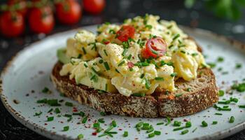 revuelto huevos en brindis con Tomates y cebollín foto