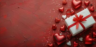 A festive Valentines Day background featuring heart-shaped decorations photo