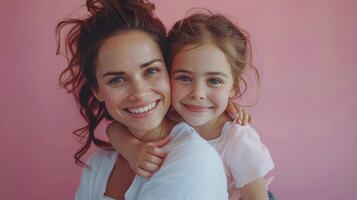 Woman Hugging Daughter on Pink Couch photo