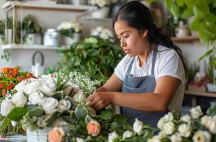 mujer arreglando flores en un flor tienda foto