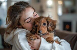 mujer participación pequeño perro en brazos foto