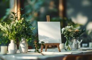 Table With Easel and Vase of Flowers photo