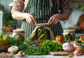 Woman Putting Pickles in Jars photo