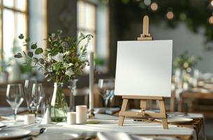 Table With Easel and Vase of Flowers photo