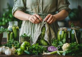 Woman Putting Pickles in Jars photo