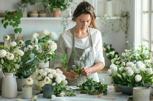 mujer arreglando flores en un flor tienda foto