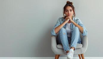 Woman Sitting in Chair With Hand on Chin photo