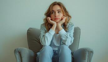 Woman Sitting in Chair With Hand on Chin photo