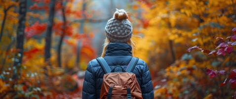 Woman in Blue Jacket Walking Through Forest photo