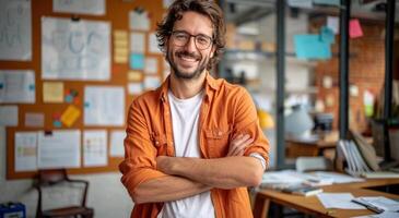 Man in Orange Shirt Standing With Arms Crossed photo