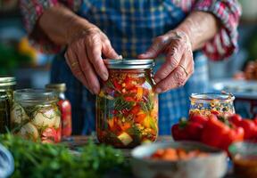 Woman Holding Jar Full of Pickles photo