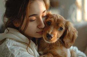 Woman Holding Small Dog in Her Arms photo