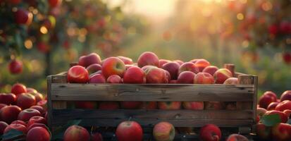 de madera caja lleno con rojo manzanas foto