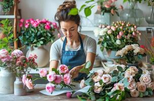 mujer arreglando flores en un flor tienda foto