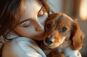 Woman Holding Small Dog in Her Arms photo