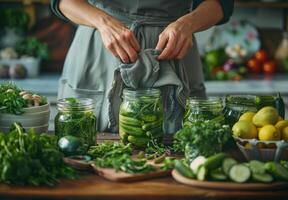 Woman Putting Pickles in Jars photo