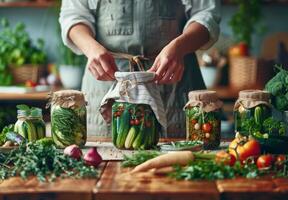 Woman Putting Pickles in Jars photo