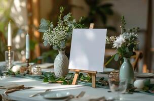 Table With Easel and Vase of Flowers photo